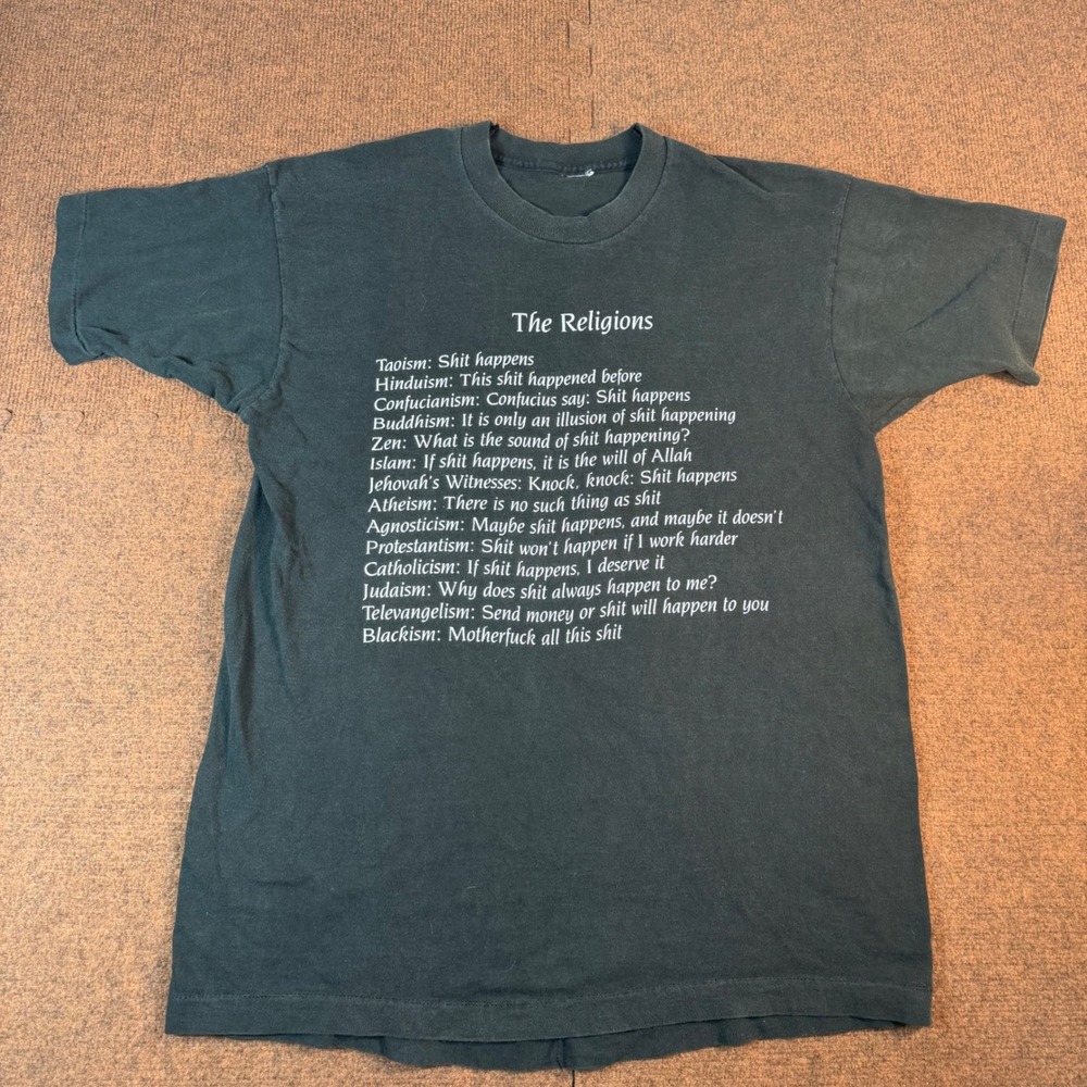 Vintage The Religions Shit Happens T-Shirt Funny Graphic Tee Black Large XL 90s